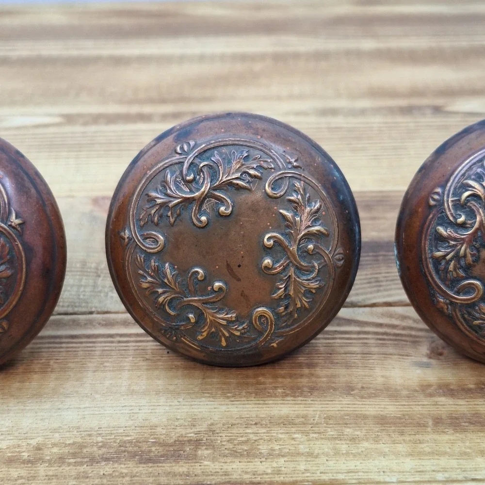 X3 Antique Ornate Embossed Door Knob Set Of 3 Metal Vintage Stamped Knobs